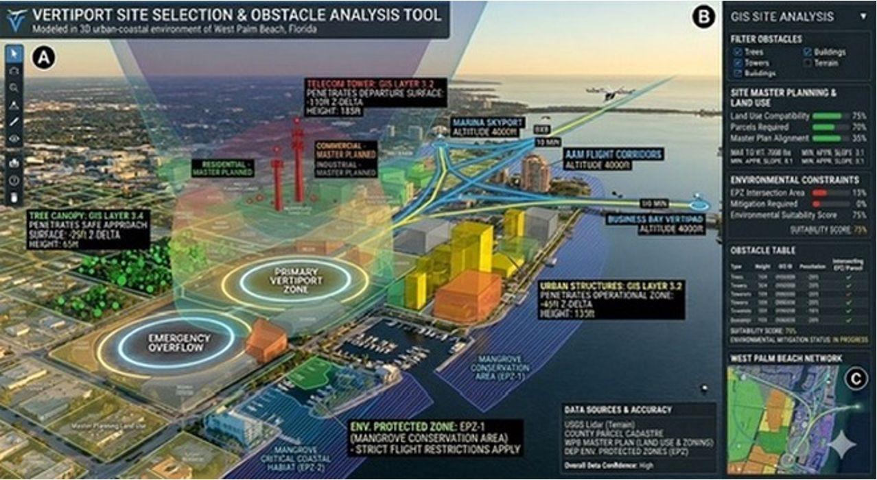 SkyBase vertiport site selection and obstacle analysis tool, West Palm Beach