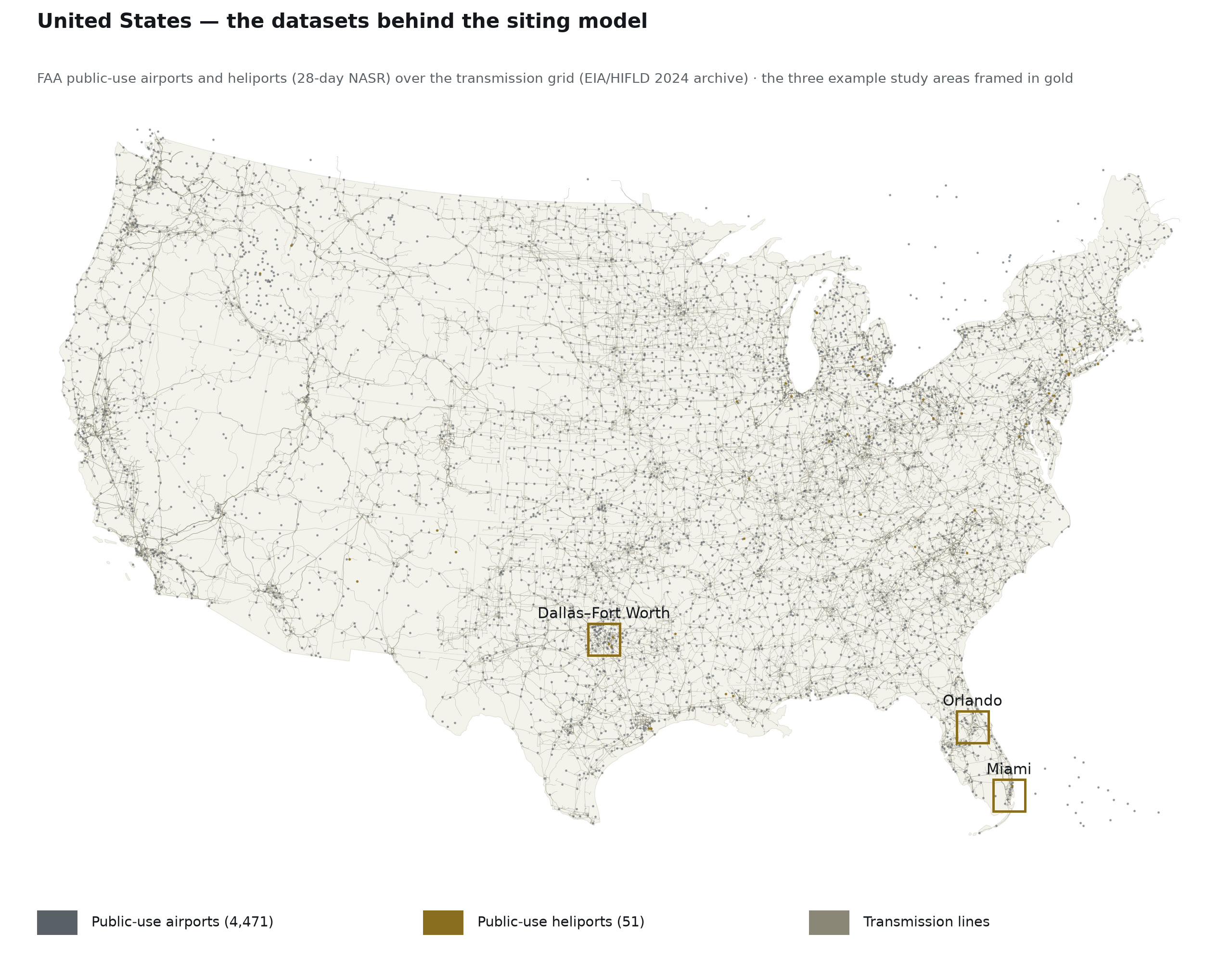 United States map of public-use airports, heliports and transmission lines with three example study areas framed