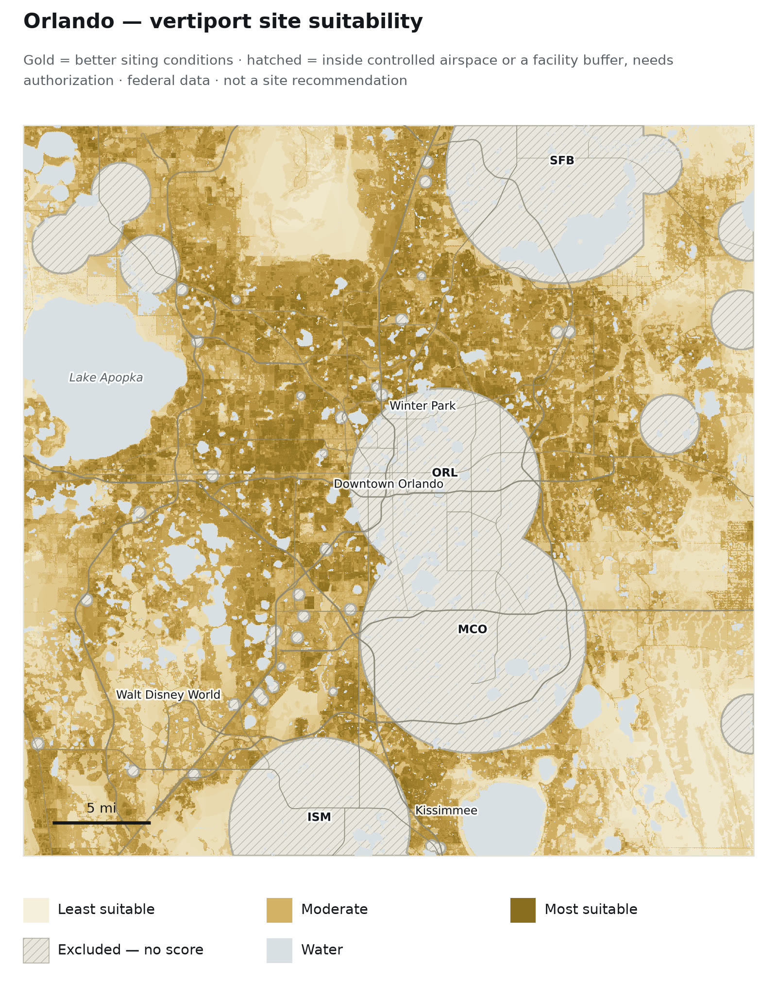 Orlando vertiport site suitability surface with airspace exclusions hatched